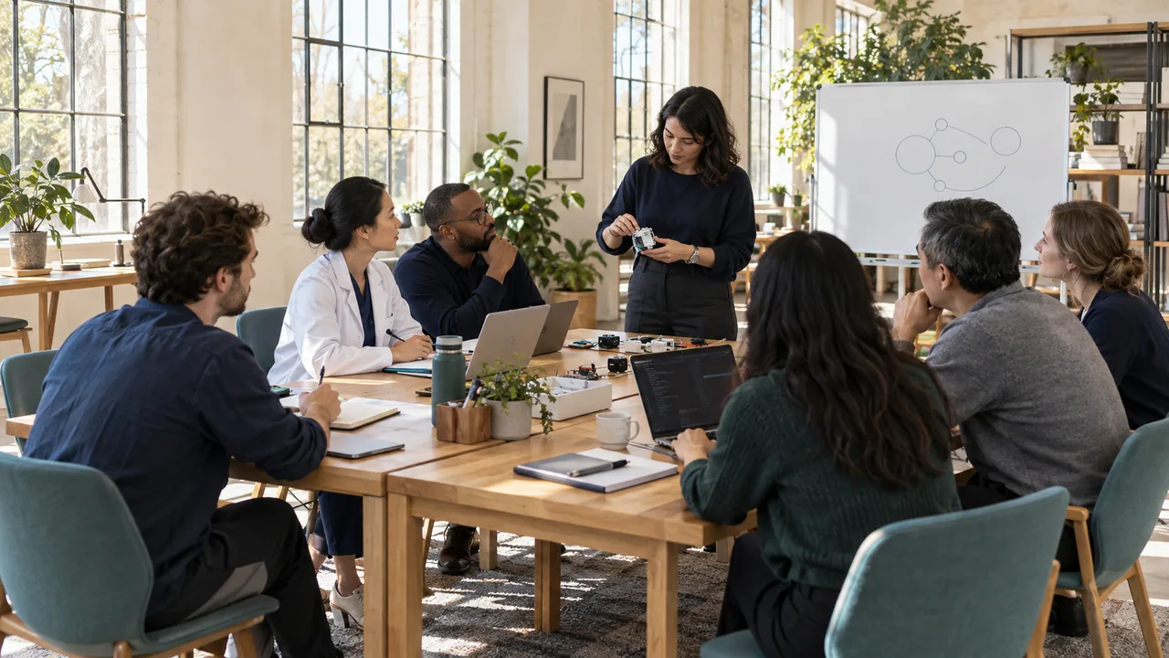 A small group gathered around a worktable as a presenter demonstrates an electronic prototype.