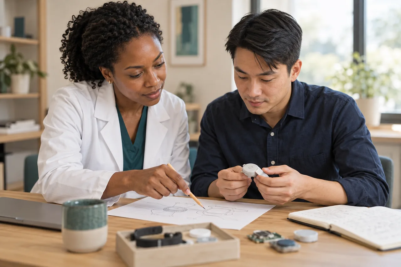 Two collaborators reviewing a handheld prototype and paper sketches at a worktable.