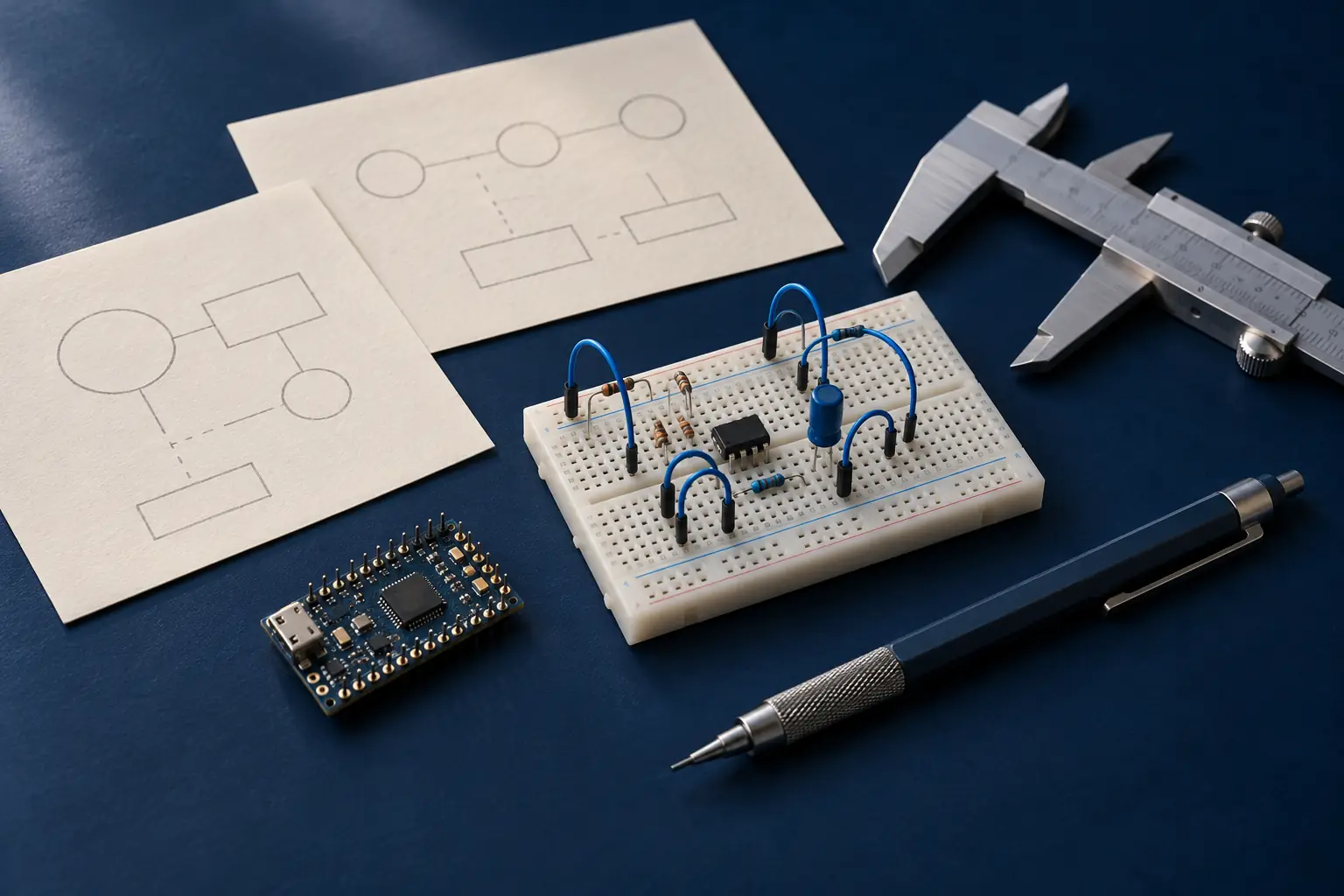 A breadboard prototype, a circuit board and paper workflow sketches on a navy work surface.
