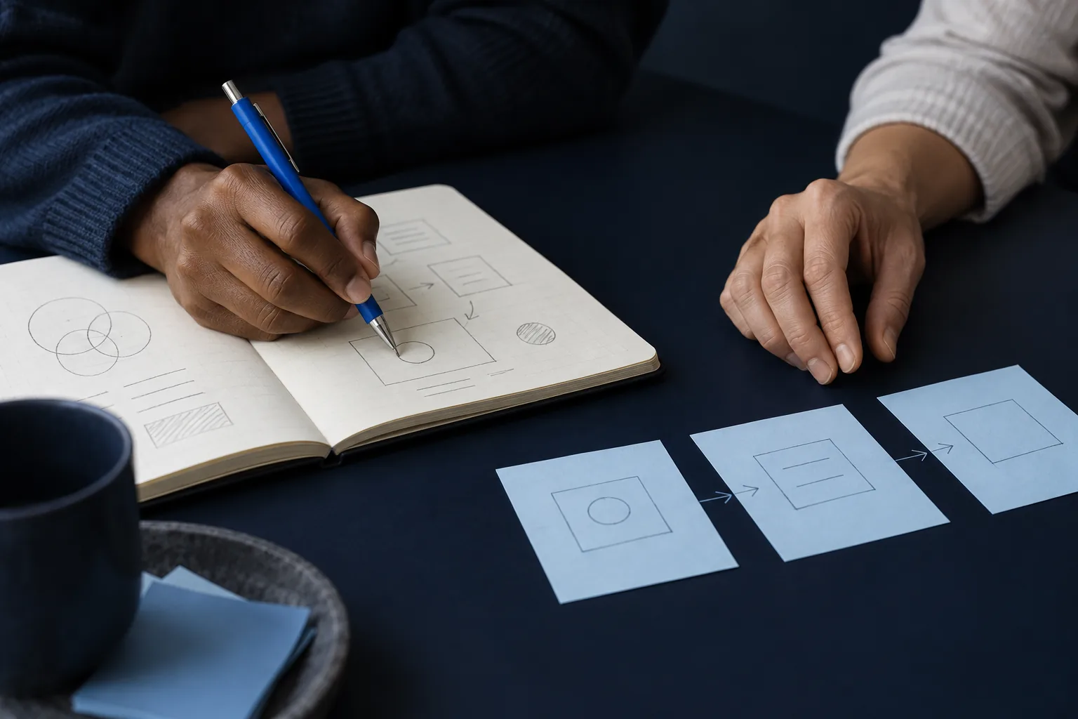 Two people sketching a simple workflow in a notebook beside paper cards.